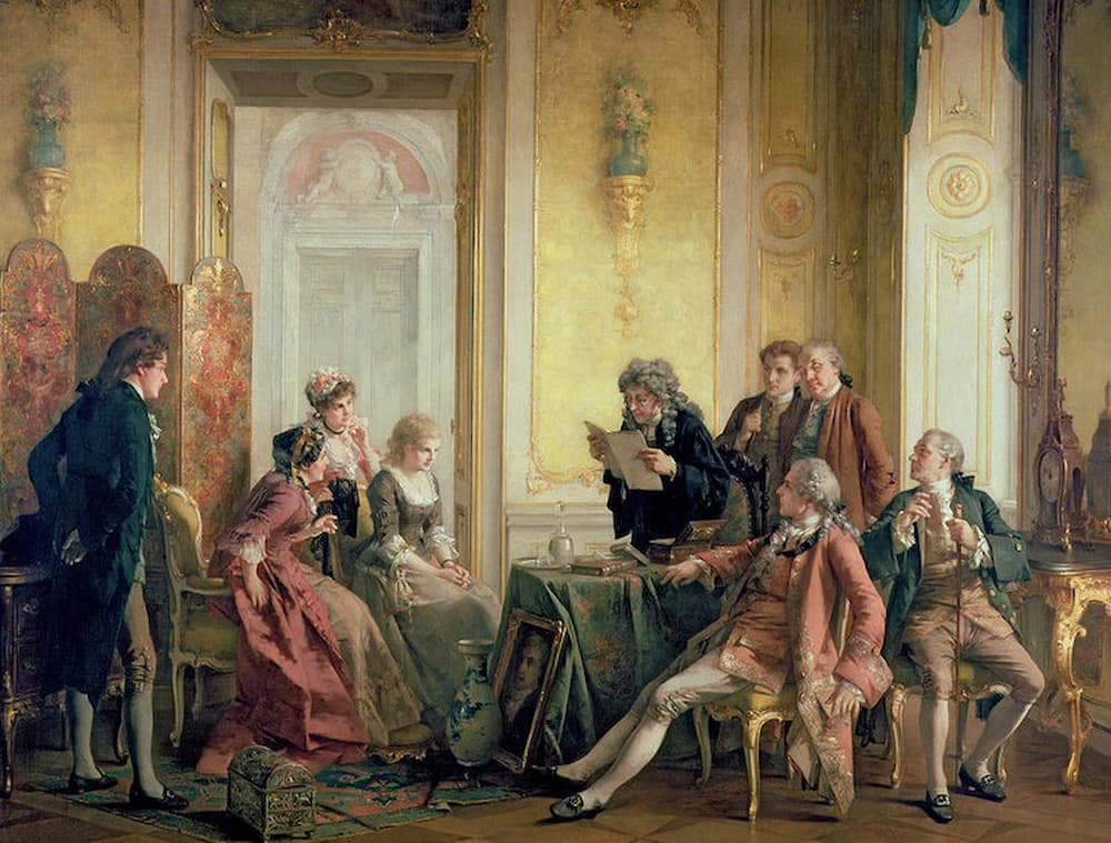 A historical depiction of a family gathered for the reading of a will, highlighting traditional practices in estate planning and elder law.