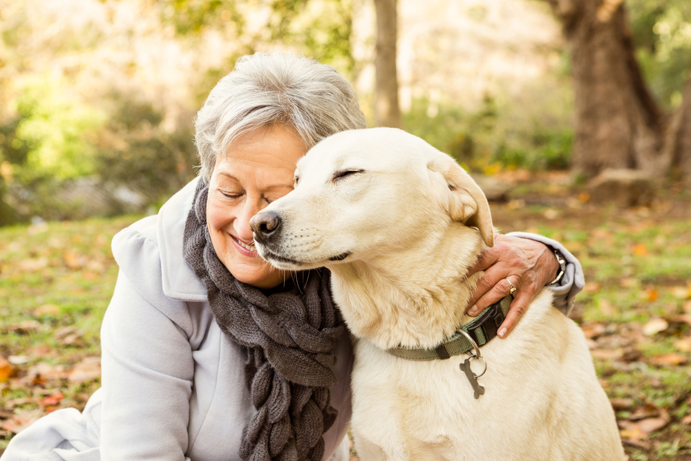 An elderly woman sitting with her small dog, symbolizing the close bond between humans and pets relevant to estate planning and elder law discussions regarding combined burials.