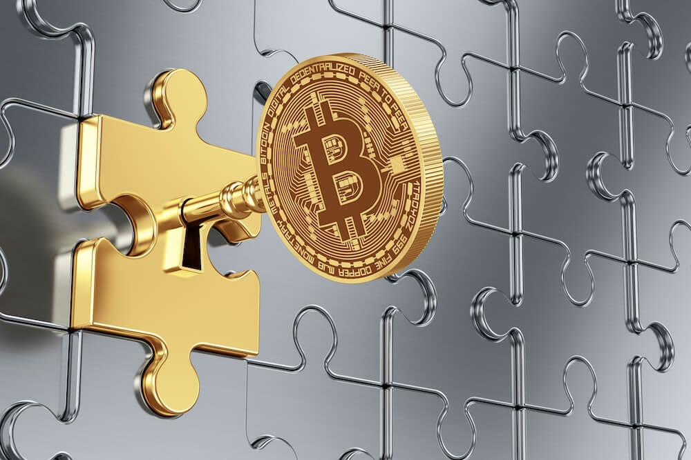 A 3D illustration of a gold Bitcoin design acting as a key, fitting into a matching puzzle piece against a metallic puzzle background, representing crypto asset security and estate planning.