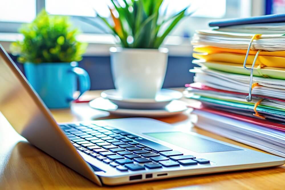 A laptop on a wooden desk next to a stack of colorful folders and a potted plant, symbolizing the process of organizing and revising estate planning documents.