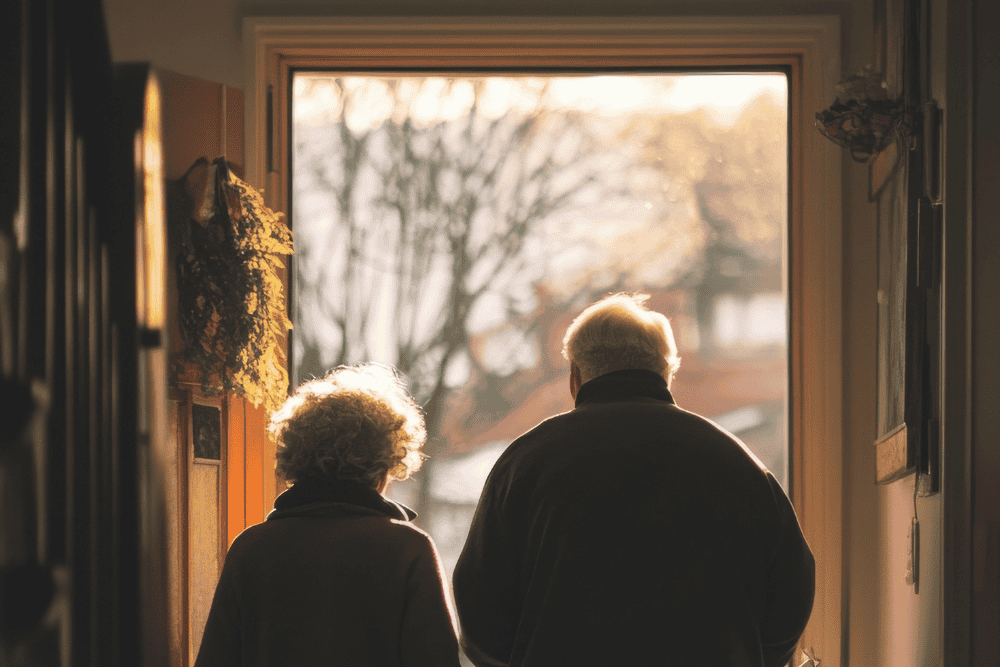 Elderly couple standing in the doorway of their home, symbolizing estate planning decisions about what happens to a house and assets later in life.