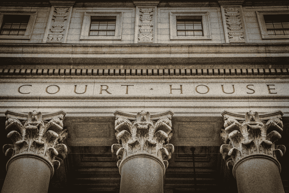 Courthouse columns and entrance, representing probate court and the probate process in New Jersey and New York.
