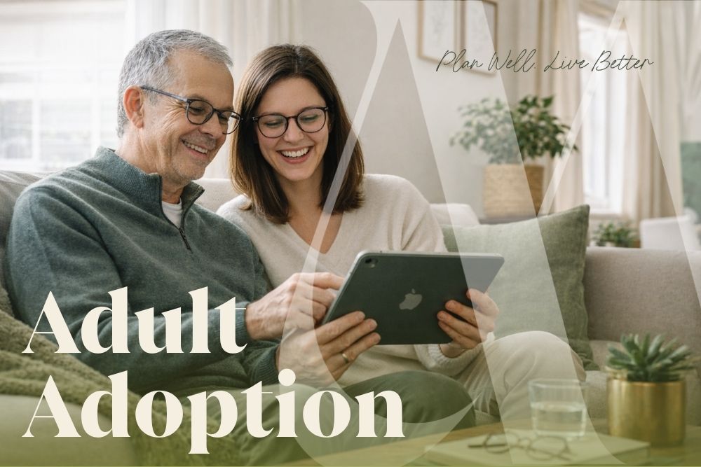 Father and adult daughter reviewing documents together, representing adult adoption and estate planning decisions about inheritance rights.