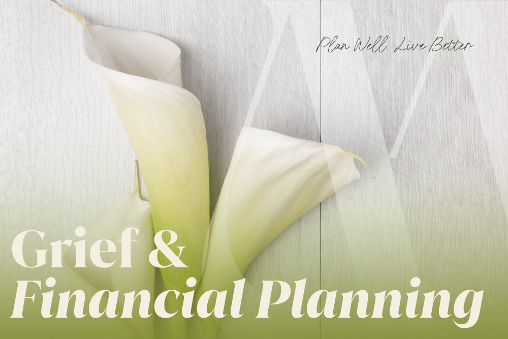 Grief and financial planning concept with calla lilies representing loss and estate planning decisions