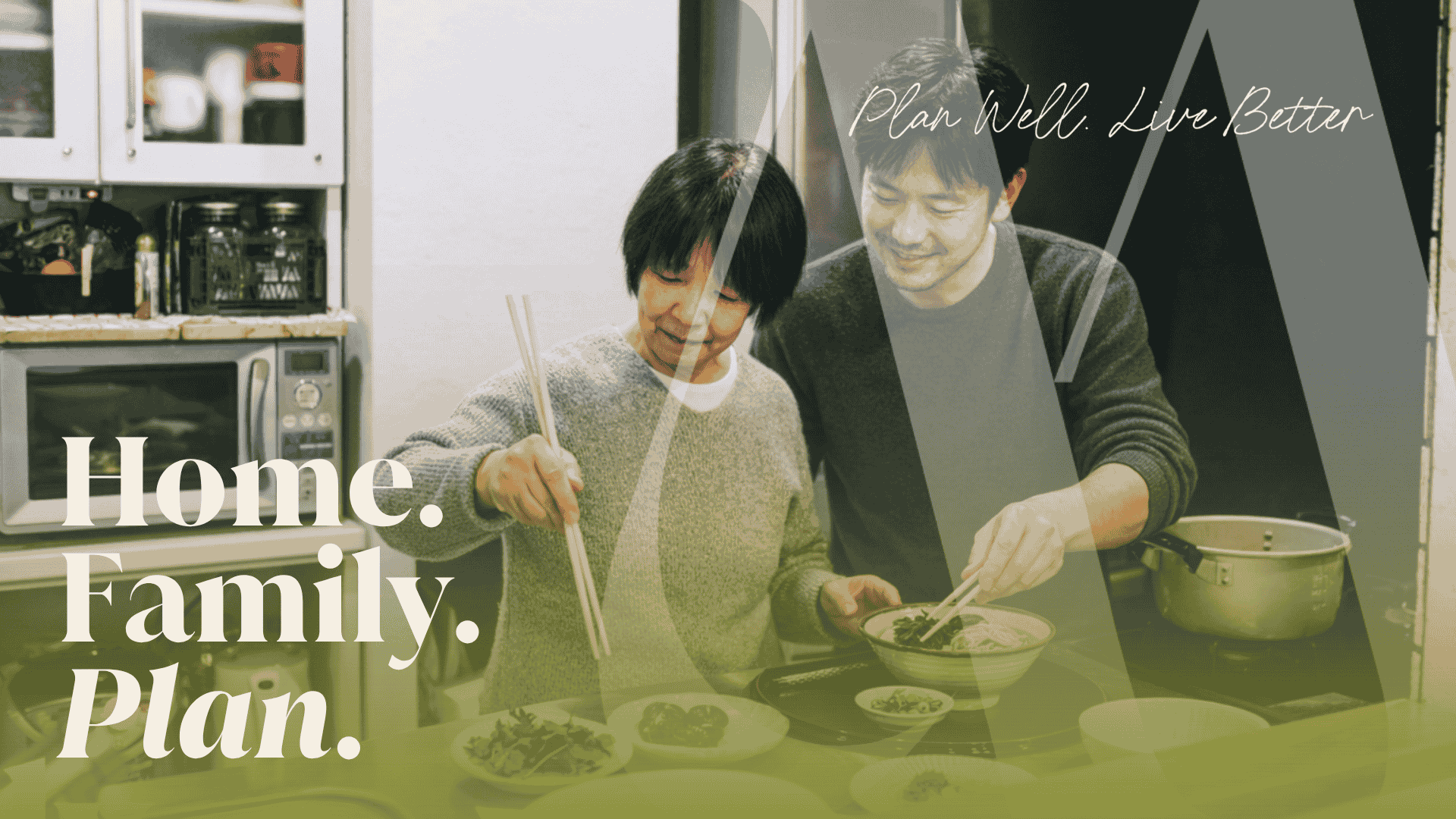 An adult child and parent cooking together at home, representing multigenerational living and family estate planning considerations.