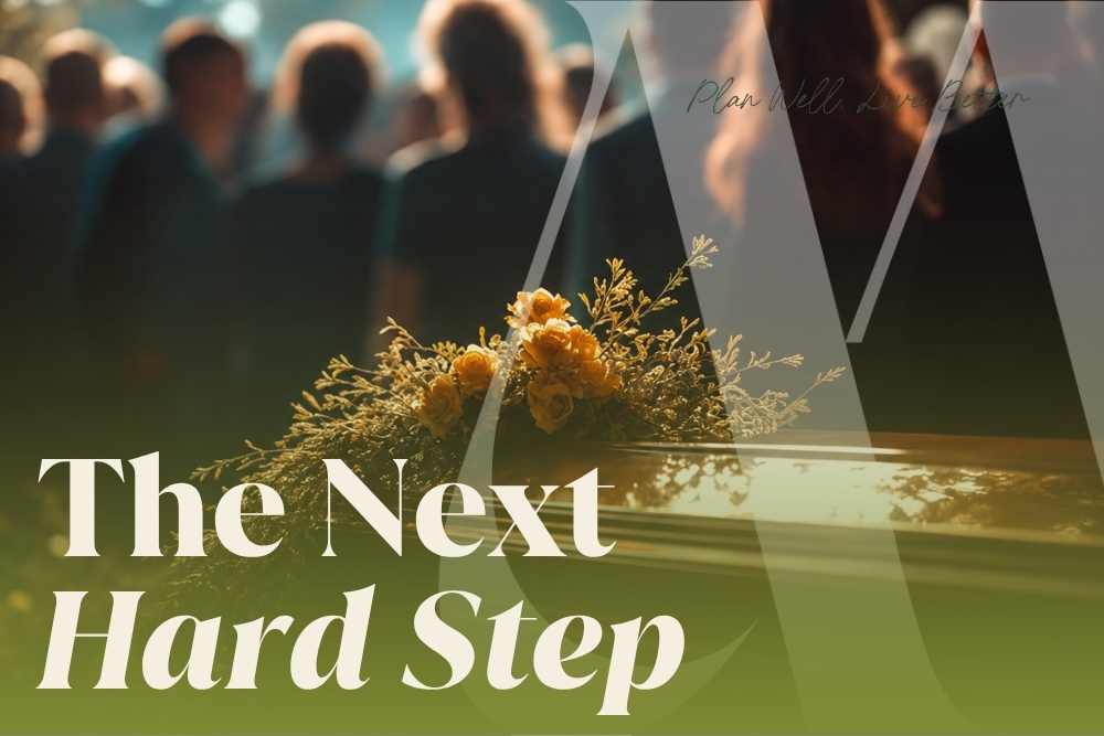 Family gathered at a funeral service with a casket and yellow flowers in the foreground — what to do after a parent dies and how probate works in New Jersey