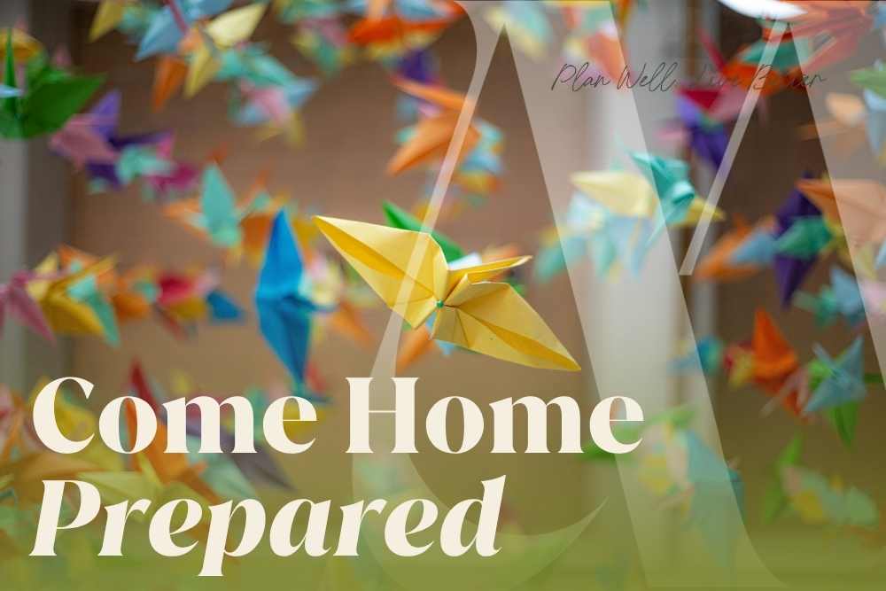 Colorful origami paper cranes hanging in the air with the words "Come Home Prepared" — estate planning for workers in dangerous jobs and what your family needs if something happens