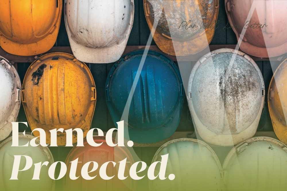 Rows of worn colorful hard hats on a rack with the words "Earned. Protected." — what happens to a union pension when you die and how survivor benefits work
