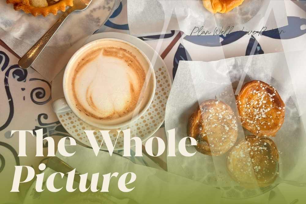 Overhead view of a cappuccino and pastries on a patterned table with the words "The Whole Picture" — specific bequest vs residuary bequest and how a will divides an estate