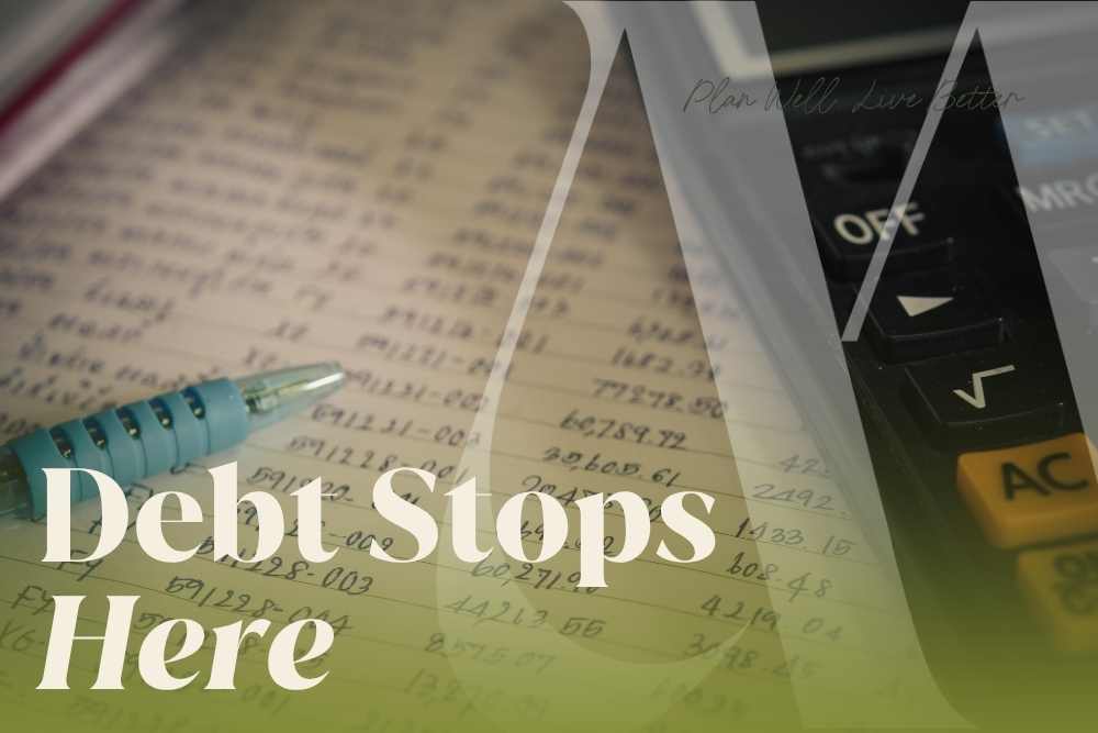 Handwritten financial ledger and calculator with the words "Debt Stops Here" — what happens to debt when someone dies in New Jersey and who is responsible