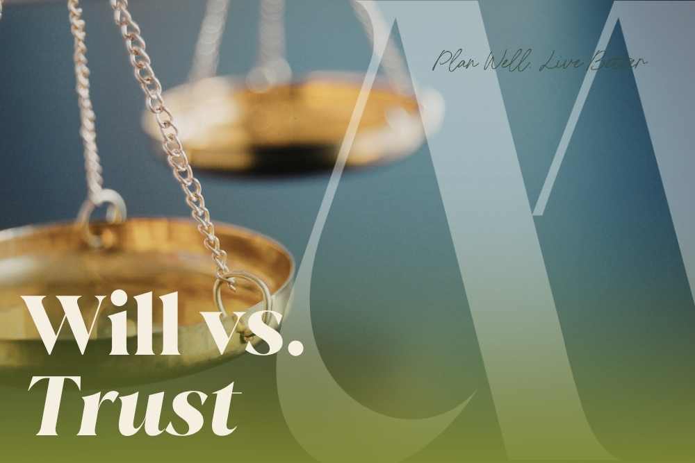 Gold balance scales with the words "Will vs. Trust" — what is the difference between a will and a trust and which one is right for you in New Jersey