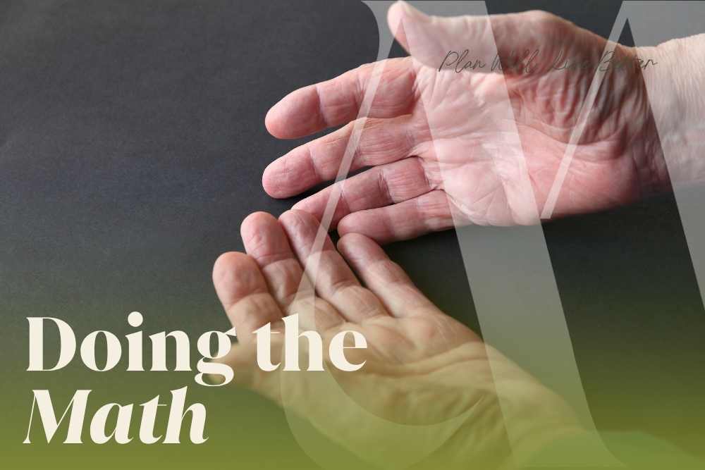 An older hand and a younger hand reaching toward each other with the words "Doing the Math" — how long-term care costs are erasing inheritances and what New Jersey families can do
