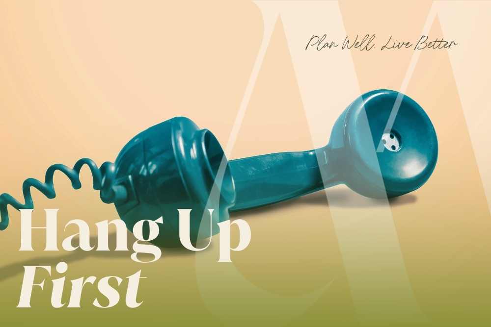 Vintage rotary phone in teal on a peach background with the words "Hang Up First" — how to protect aging parents from Social Security impersonation scams and elder fraud
