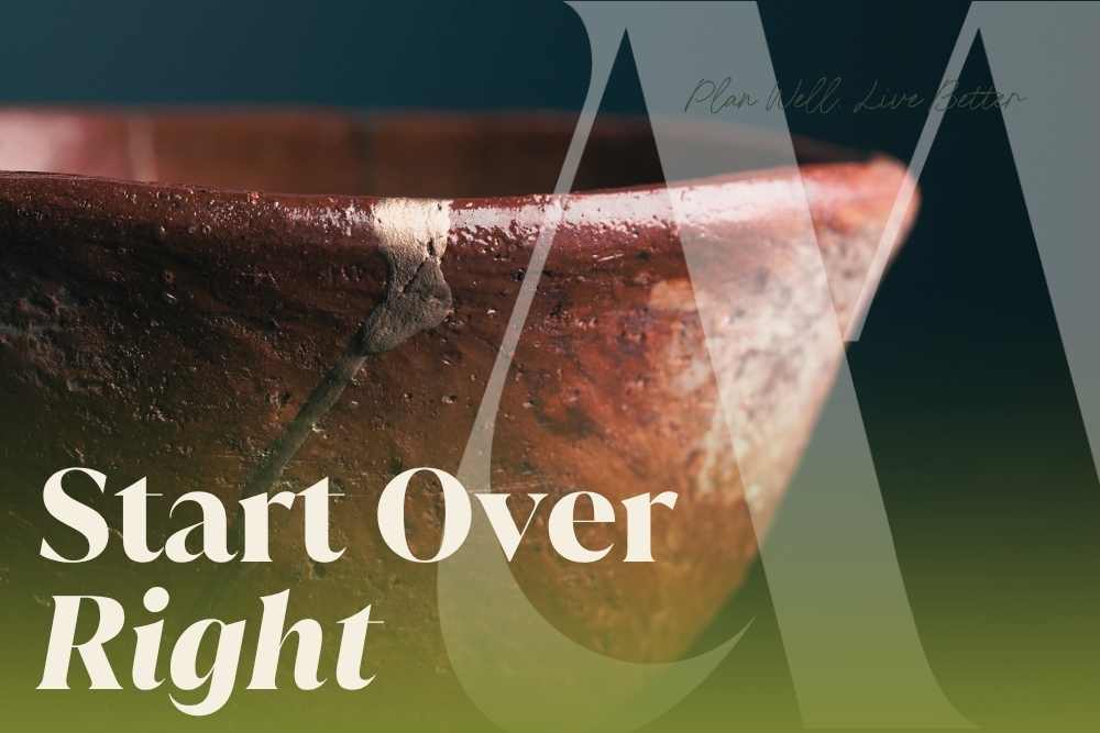 A kintsugi bowl with gold-repaired cracks and the words "Start Over Right" — what to update in your estate plan after divorce in New Jersey including wills and beneficiary designations