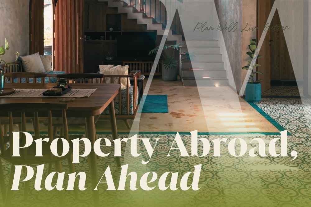 Woven rope hammock hanging above a turquoise pool in a shaded garden, with the headline "Property Abroad, Plan Ahead"