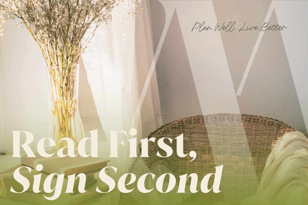 Glass vase of dried flowers, stacked books and a wicker chair by a sheer curtain, with the headline "Read First, Sign Second"