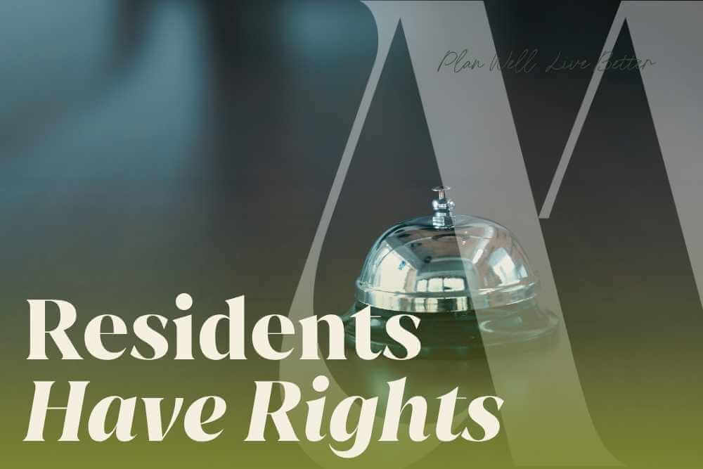 Silver call bell on a dark surface, with the headline "Residents Have Rights"